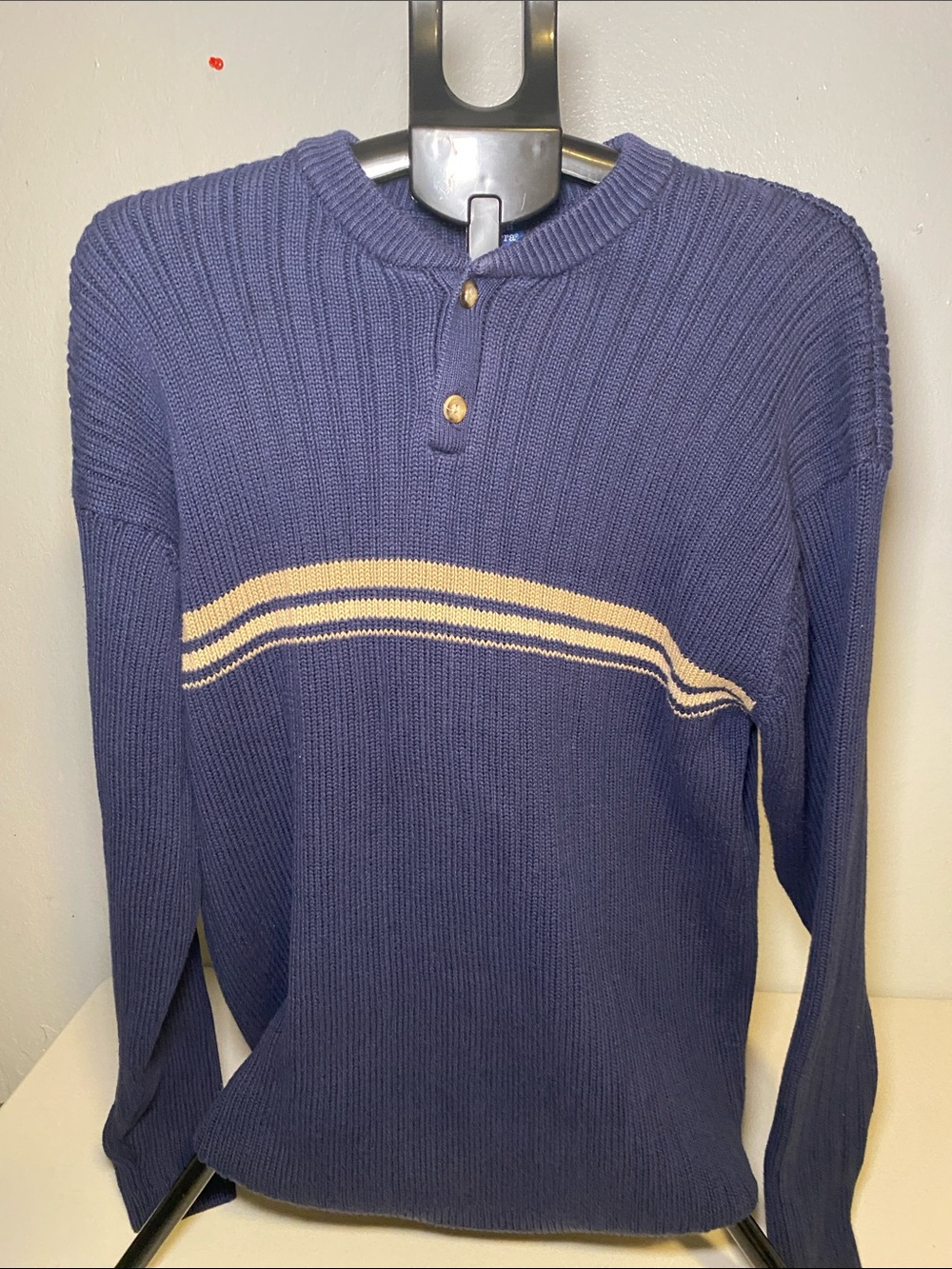 High Sierra Navy Ribbed Crewneck Sweater with Cream Stripes